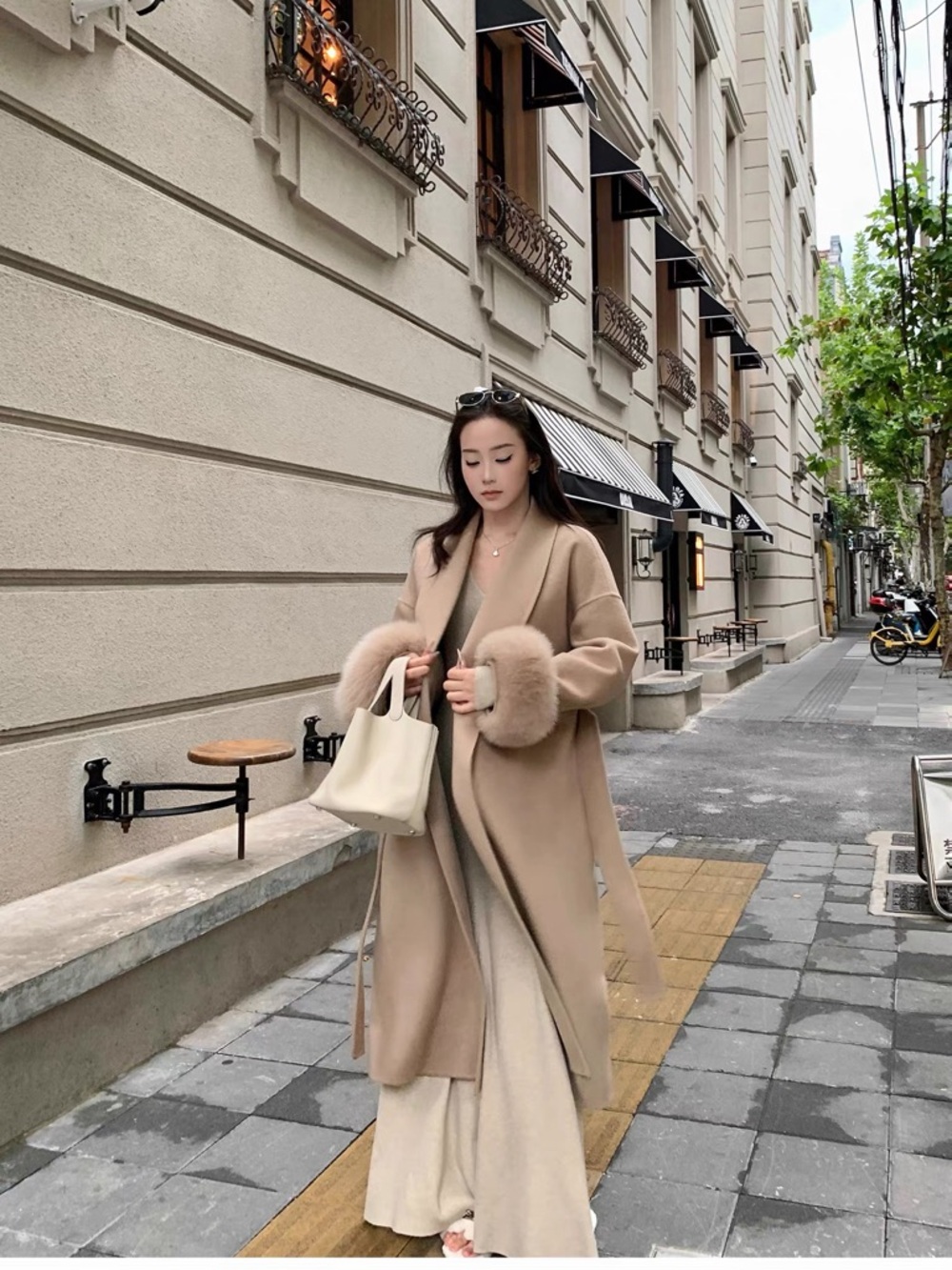 Brand New Beige 100% Wool Long Coat with Faux Fur Cuffs